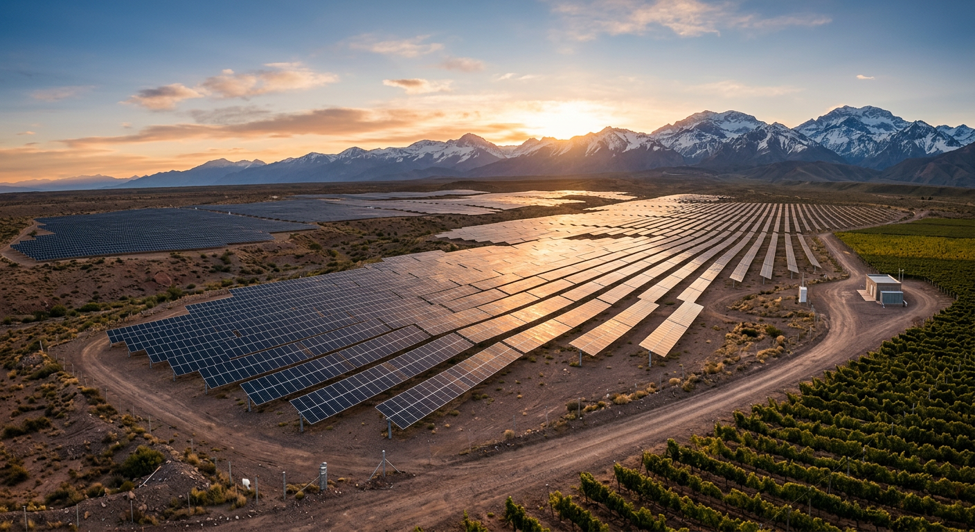 Parque solar moderno en Mendoza con la cordillera de los Andes de fondo