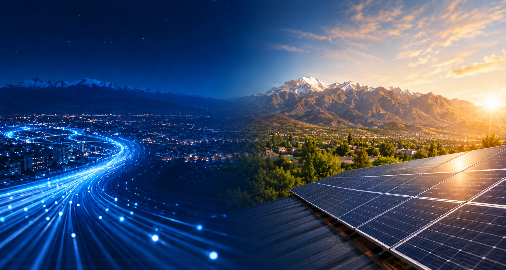 Conectividad de fibra sobre la ciudad de Mendoza a la izquierda y paneles solares al amanecer sobre la cordillera a la derecha