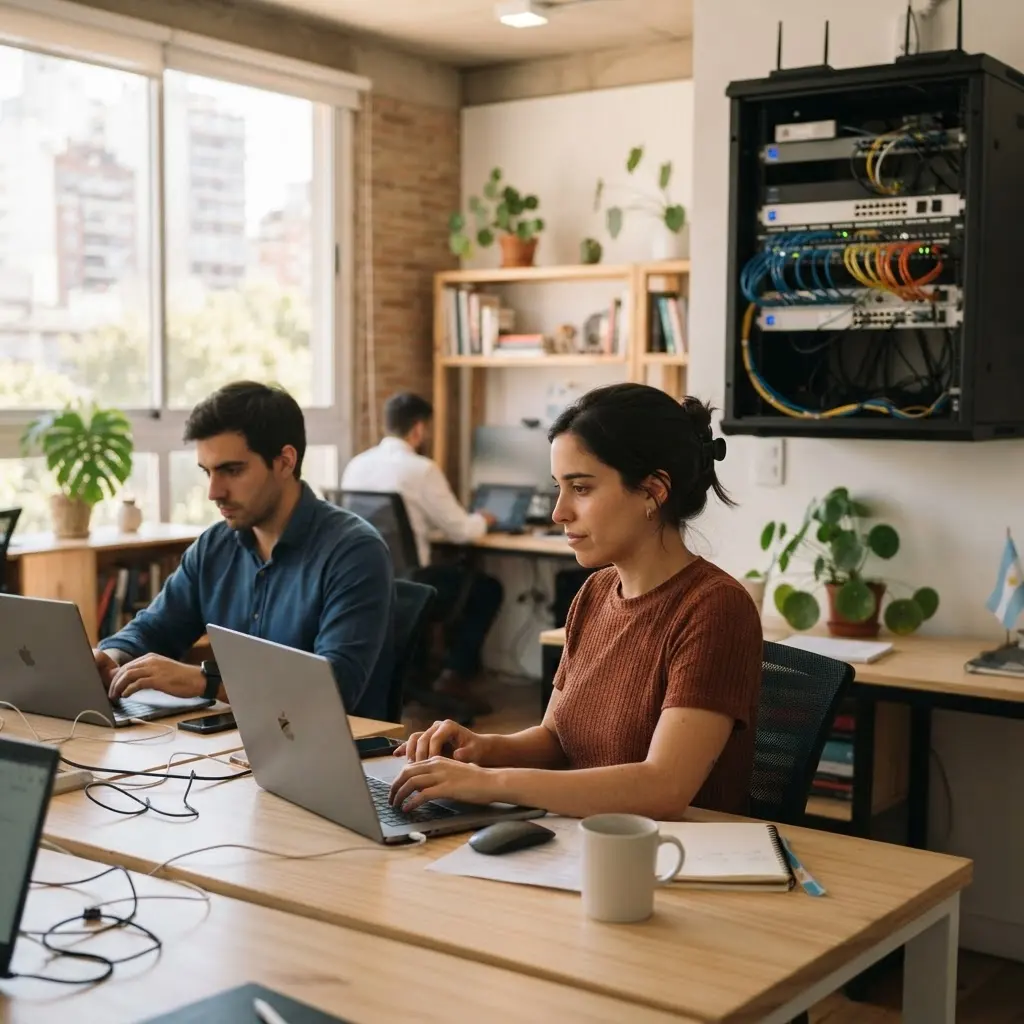 Equipo de trabajo en una oficina moderna conectada por enlace dedicado de ITC